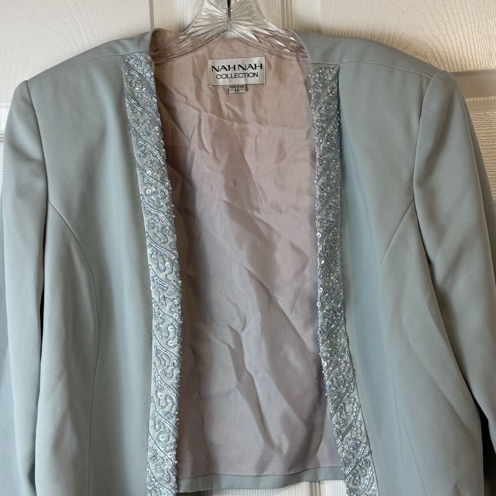 VTG Nah Nah Collection Blue Long Sleeve Open‎ Front Embellished Size 16 Jacket